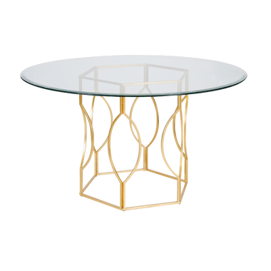 GOLD LEAFED HEX DINING TABLE W. 54" DIA GLASS TOP
COLOR: Clear, Gold