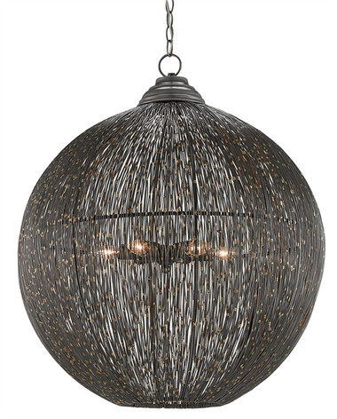 Thin strands of wire wrap around and around the orb shape chandelier. The touches of gold where the wires are welded bring the chic to this industrial look.