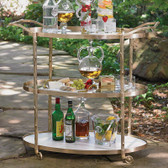 This brass bar cart compliments the natural motif of our Arbor collection. It has twig textured detailing on the supports and handles, a solid white marble bottom shelf, and two glass upper shelves. Solid brass pivoting wheels make for easy mobility.
42.75" L X 20" W X 37.5" H
