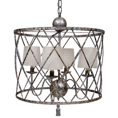 Open weave chandelier in antique silver finish and linen shades.
22"D x 24"H
 Some shipping charges may apply,(over sized box)