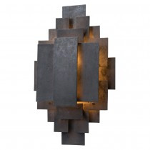 Inspired by the 1950s brutalist movement, this one-light, iron sconce is crafted out of hand cut geometric shapes, welded together into a tribal-like pattern. The wax finish helps keep the sconce natural – perfect for horizontal or vertical mounting. Damp rated and approved for use in covered outdoor areas.