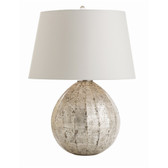 The exquisite finishing on this fluted glass lamp is hand-applied to the exterior. It is first acid washed, then hand-applied with silver and purposefully disturbed, distressed and reapplied to create the random pattern. The tapered ash shade is lined in the same fabric. 3-way switch.
26" H 
19" diameter
