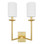 TWO ARM SCONCE WITH WHITE LINEN SHADE IN GOLD LEAF

UL APPROVED FOR TWO 40 WATT CANDELABRA BULBS

12" W 18.5" H X 5" D 
