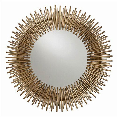 Individual iron rods are welded together and finished in antique gold leaf to create this fresh interpretation of the always popular starburst. The round shape looks great alone or in multiples.
Overall Diameter:	30.5in
Actual Mirror Size:	16.5in
Overall Dimension D:	1.5in