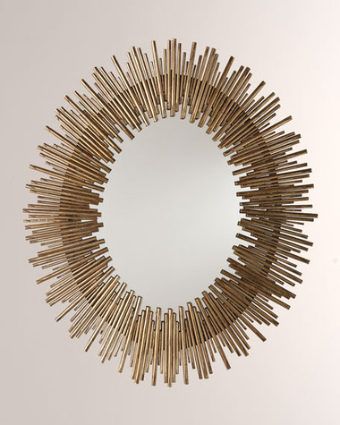 Large-scale oval wall mirror features a sunburst pattern with a rim of thin textured iron reeds in multiple lengths in an antiqued gold leaf finish.
Actual Mirror Size:	22 x 16" Oval
Overall Dimension D:	1.5in
Overall Dimension H:	40.5in
Overall Dimension W:	34in