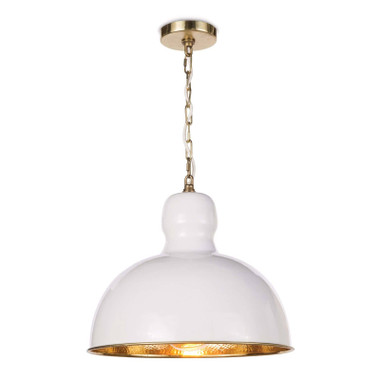The Hope Pendant has semi-gloss sheen with a white enamel exterior and a delightfully contrasting hammered brass interior. This domed pendant has Modern Farmhouse appeal and would make a stunning addition to any space.
Height: 18.5
Width: 16.5
Depth: 16.5
Max Height: 86.5
Canopy: 5 x 5 x 1
Wattage: 60 Watt Max
Bulb Qty: 1
Bulb Type: A Type Medium Base (E26)
Socket: E26 Keyless
Wiring Type: Hard Wire
Chain: 6 ft.
Cord: 10 feet
Material: Iron
Finish: White