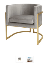 This Mid-Century Modern, barrel-back arm chair dazzles from every angle.   Arcing metal frame is artfully finished in gold leaf, and luxurious, grey-colored velvet upholstery beckons your guests to sit and stay awhile.  Perfect for the dining room, or pair as occasional chairs in your keeping room.  Jenna is a charmer in any setting.  

SEAT HEIGHT 20.5"

SEAT HEIGHT: 20.5"

30" W X 30" H X 29" D 

Width:30.00"
Height:30.00"
Depth:29.00"

Shipping: Freight