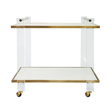 Elevate your bar cart game with Pierce! Two inset mirror shelving tiers are defined by an antique brass and acrylic frame. The mix of materials here is so on-trend, yet so timeless, you'll want to build the room's entire finish palette around it. 

Width:36.00"
Height:34.00"
Depth:22.00"

Shipping: Freight