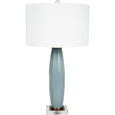 MODERN BLUE GLASS SIMMONS LAMP WITH BRASS ACCENTS & WHITE LINEN SHADE
Item Dimensions: 29"H
Watts: 100W
Shade Dimensions: 16" X 16" X 10"