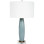 MODERN BLUE GLASS SIMMONS LAMP WITH BRASS ACCENTS & WHITE LINEN SHADE
Item Dimensions: 29"H
Watts: 100W
Shade Dimensions: 16" X 16" X 10"