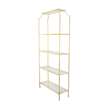 The modern Asian detailing on our Chloe etagere is a study in refined design. A beautiful, hand finished gold leaf frame pairs elegantly with crystal clear glass shelves in this bright and open display unit.

TOP SHELF 21.5" H

REMAINING SHELVES 17.5" H

36" W X 82" H X 12" D 