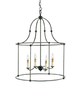 The Fitzjames Black Large Lantern is made of hammered wrought iron in a hand-applied Mayfair finish. A hallmark of the Fitzjames family of lanterns is how delicate this strong material appears due to the lightness of each fixture's profile.
Overall
33"h x 25"dia.
Item Weight
12 lbs.
Chain
6' Mayfair
Cord
13' Brown
Adjustable Height
40" to 107"
Canopy
1"h x 5.75"dia.
Finish
Mayfair
Material
Wrought Iron
Number of Lights
4
Watts per Socket/Item
60/240
Light Source
Bulb
Light Direction
Ambient
Voltage
120v
Socket Type
E12
Suggested Bulb Type
B Torpedo Tip
Bulbs Not Included
Fixture Type
Hardwire
Convertible
No
Canopy Details
Round
Sloped Ceiling Compatible
Yes
Assembly Required
No
Additional Chain
0823
Dimmable
Yes
French Wired
No
Product Collection
Fitzjames Collection
