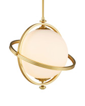 The Astral Pendant is crafted from aluminum in a luminous gold finish, its design inspired by celestial forms. A large opaque glass globe at the center houses a single bulb, while two brass bands orbit around it like Saturn’s rings. The encircling bands are adjustable, allowing easy access for changing the bulb, while adding sculptural dimension to the fixture. The fixture has one light and is dimmable.
