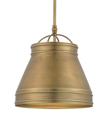 The Lumley Brass Pendant has an urban edge to its design with its hand-finished frame in an antique brass. The petite shade extends from a stem with an adjustable hanging length to make this brass pendant terrific for grouping at different heights.

