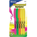 Fluorescent Highlighters Pen-Style 5/pk - Pink, Green, Orange + 2 Yellow BAZIC