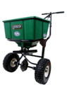 The hopper has a 50 lb. capacity and can be filled with granular products, such as fertilizers, grass seed, and ice melt.