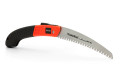 Folding hand saw with impulse-tempered teeth sharpened on three levels.