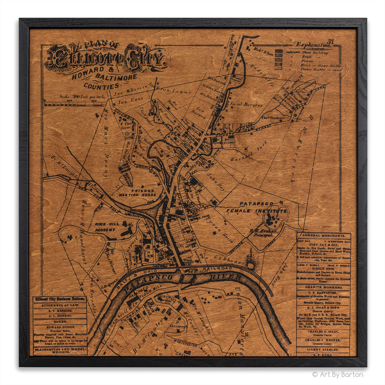Ellicott City Map on Wood