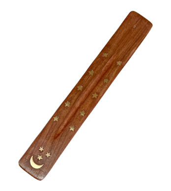 Wood Incense Boat with Moon & Star Inlay