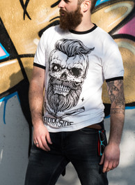Bearded Skull Mens White Ringer T Shirt with Black Trim