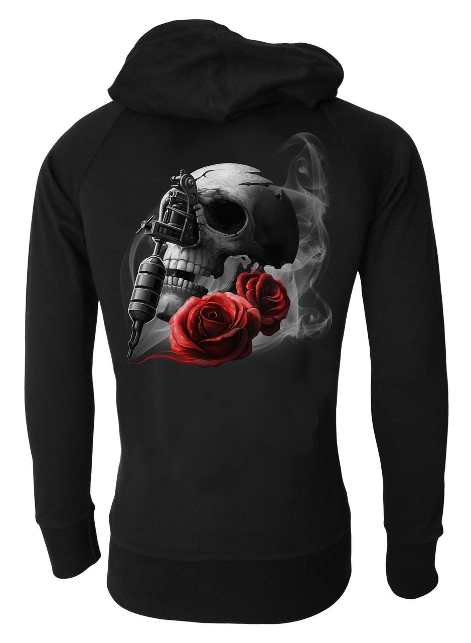 Tattoo Gun Skull and Rose Genuine Darkside Cotton Zip Hood