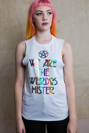 We Are The Weirdos Mister Womens White Cut Off Vest Rainbow Foil Print