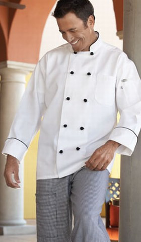 sizes XS to 2XL Barcelona executive chef coat black knot & piping 0408