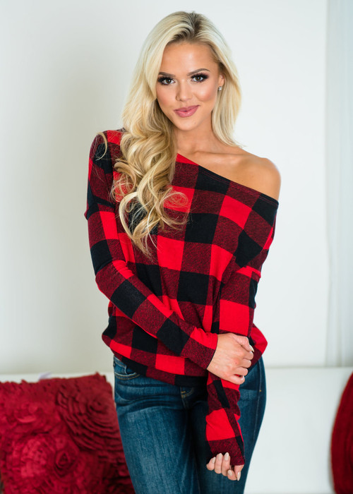 Cozy and Soft Checkered Off Shoulder Top Red/Black | Modern Vintage ...