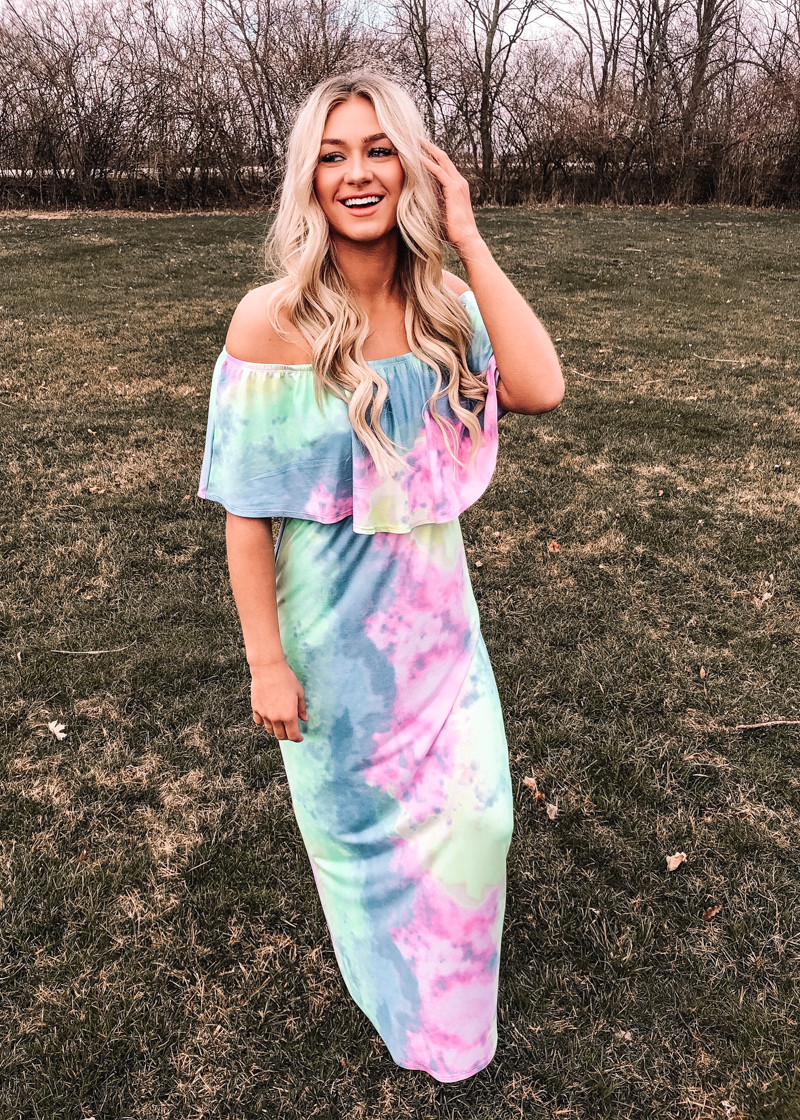 tie dye off the shoulder maxi dress