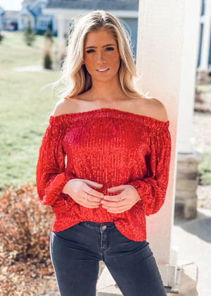 red sequin off the shoulder top