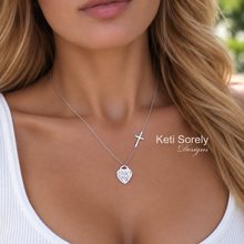 Engraved Heart Monogram Necklace with Celebrity Sideways Cross - Sterling Silver or Solid  Karat Gold