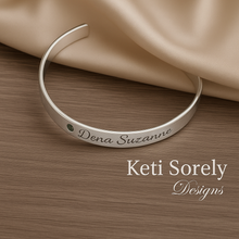 Personalized Cuff Bangle With Birthstone - Sterling Silver, Yellow or Rose Gold Overlay