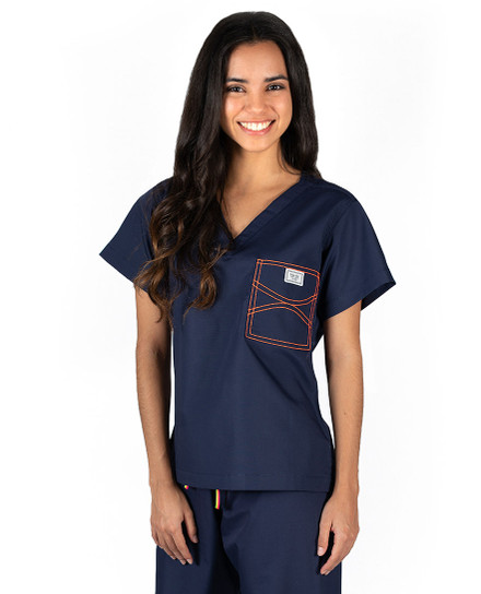 Limited Edition Shelby Scrub Tops - Navy with Neon Orange Stitching
