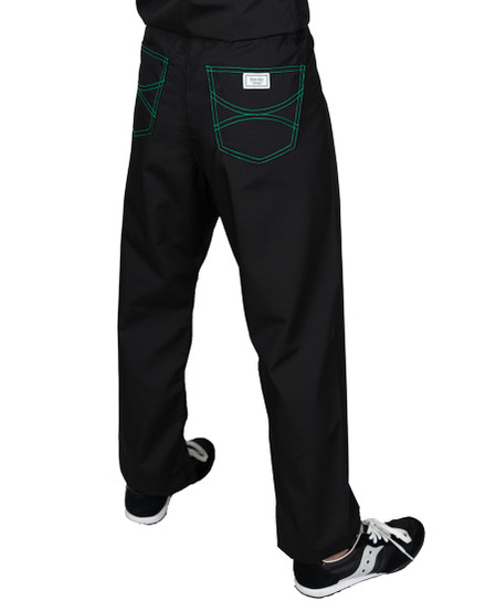 Limited Edition Shelby Scrub Pants - Black With Emerald Green Stitching and Green/Red Tie