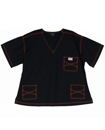 2XL Triple Pocket Urban Shelby Scrub Tops - Black with Orange Stitching