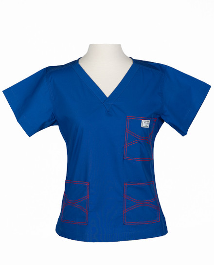 XXS Classic Shelby Triple Pocket Scrub Top - Royal Blue with Red Stitching
