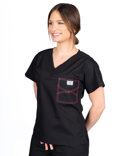 Limited Edition Shelby Scrub Tops - Black With Bright Pink Stitching