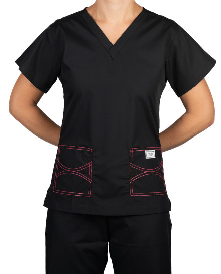 XXS Long Double Pocket - Black with Hot Pink Stitching - Classic Shelby Scrub Top