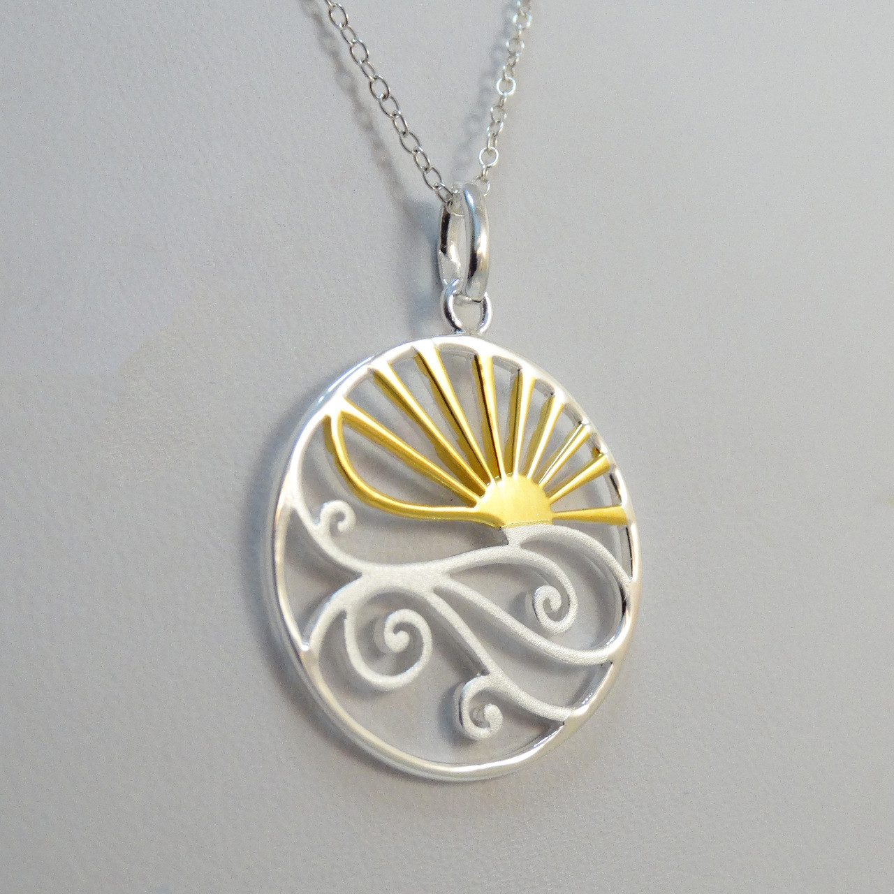 Sunset over Ocean Waves Necklace in Sterling Silver