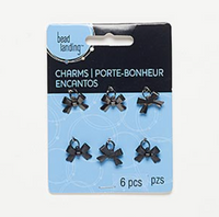 6 Steel Bow with Loop (3 Shiny Gunmetal, 3 Matte Black) Charm, 15mm x 10mm 