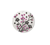 2 Cherry Blossom 20mm Round Charms, imitation rhodium-finished carbon steel