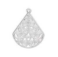 4 Bright Silver Plated Steel Filigree Teardrop with Swirl 26x23mm