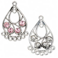 2 Antiqued Silver 29x19x4 Teardrop Charm w/8 loops, with Light Rose Pink Swarovski Element 