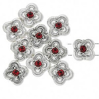 10 Antiqued Silver Siam Red Swarovski Spacer/Slider Beads, 13x13 Beaded Flower