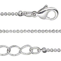 1 Silver plated brass 1mm Ball Chain Necklace, 18 inch w/1-inch extender chain and lobster claw clasp