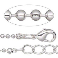 1 Silver plated brass 1.5mm Ball Chain Necklace, 16 inch w/1-inch extender chain and lobster claw clasp