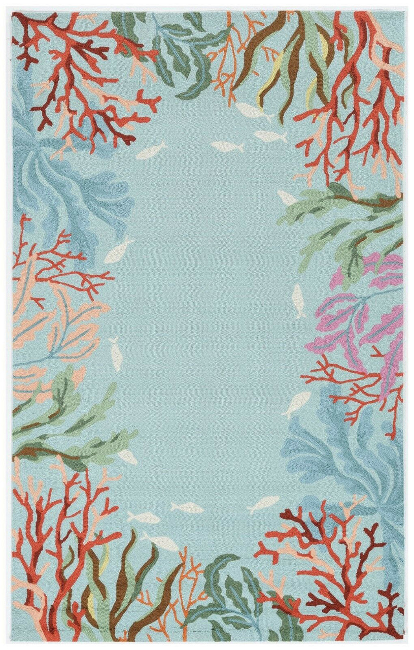 BLUE AREA RUGS 20" x 30" "CATALINA" HAND HOOKED CORAL REEF BORDER RUG 