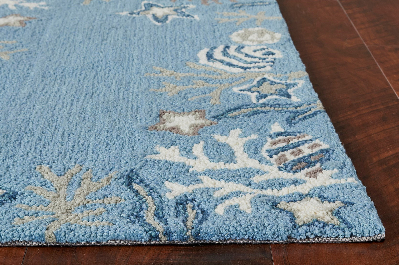 24" x 90" RUNNER "CATALINA" HAND HOOKED CORAL REEF BORDER RUG BLUE RUNNERS 