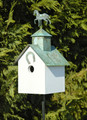 Brand new barn shaped birdhouse crafted of cypress wood and topped with a copper roof with a verdigris finish. This birdhouse is further adorned with a horseshoe and crowned with a verdigris horse finial.