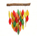 Autumn leaves waterfall wind chime presenting multicolor, hand cut, sandblasted glass chimes suspended from a natural wood canopy.